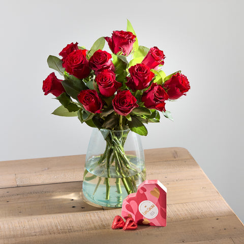 Dozen Luxury Red Roses and LoveCocoa Chocolates Gift Set