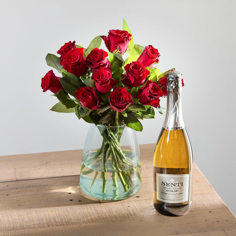 Dozen Luxury Red Roses and Senti Prosecco Gift Set